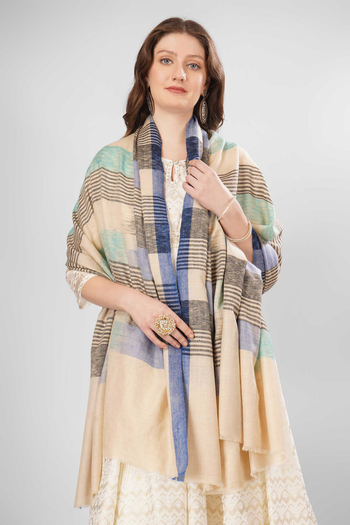 Pashmina Zara Woven Shawl | Handwoven Kashmiri Pashmina with Beige, Light Blue, and Teal Striped Checkered Design