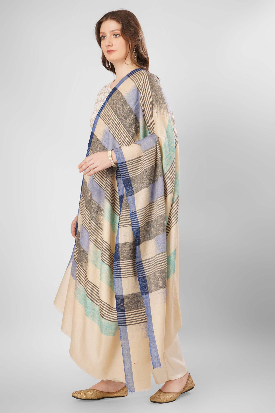 Pashmina Zara Woven Shawl | Handwoven Kashmiri Pashmina with Beige, Light Blue, and Teal Striped Checkered Design