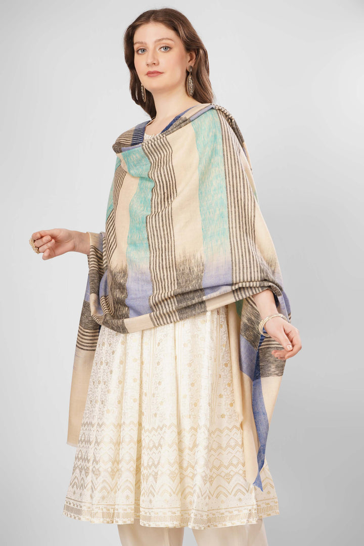 Pashmina Zara Woven Shawl | Handwoven Kashmiri Pashmina with Beige, Light Blue, and Teal Striped Checkered Design