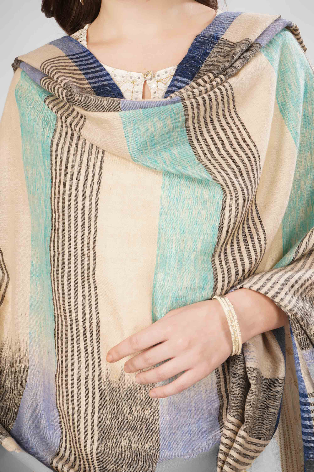 Pashmina Zara Woven Shawl | Handwoven Kashmiri Pashmina with Beige, Light Blue, and Teal Striped Checkered Design