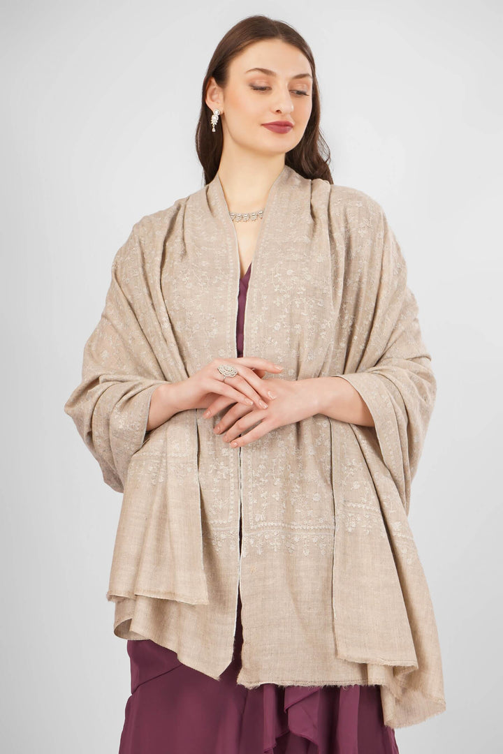 "Pashmina Natural Nargis Sozni Shawl | Handwoven Kashmiri Pashmina Wool | Luxury Sozni Embroidery Shawl | Soft, Warm, Elegant Wrap for Timeless Style"