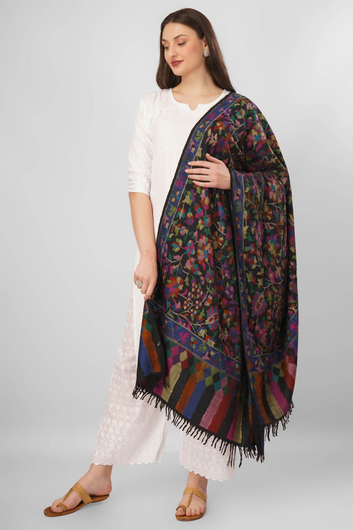 Pashmina Kani Black Banafsha Shawl