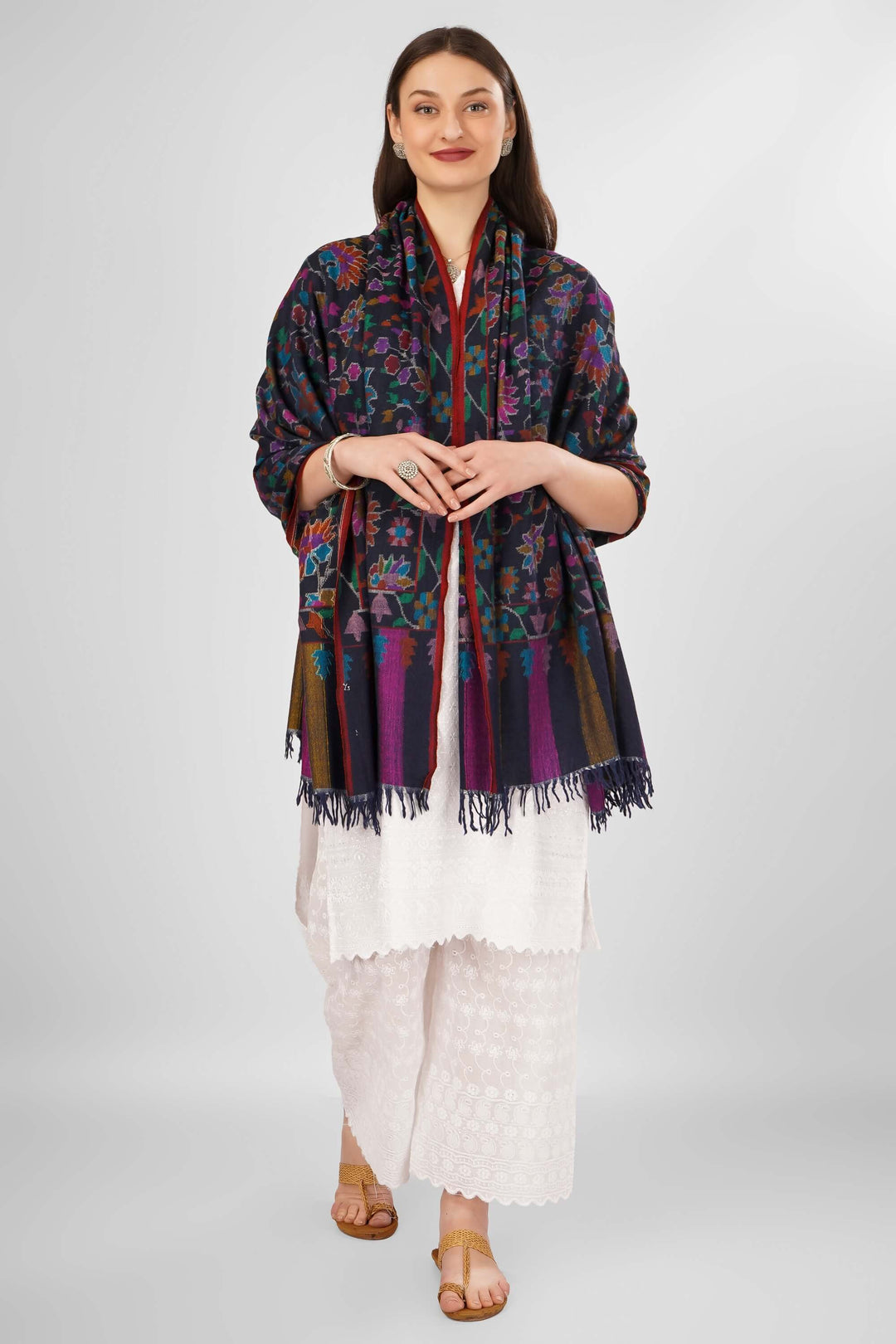 "Luxury Pashmina Kani Black Dahlia Shawl | Handwoven Authentic Pashmina Shawl | Premium Kani Shawl from Kashmir | Soft, Warm, and Elegant | Intricate Dahlia Floral Motifs | Timeless Craftsmanship and Luxury Pashmina Wool"