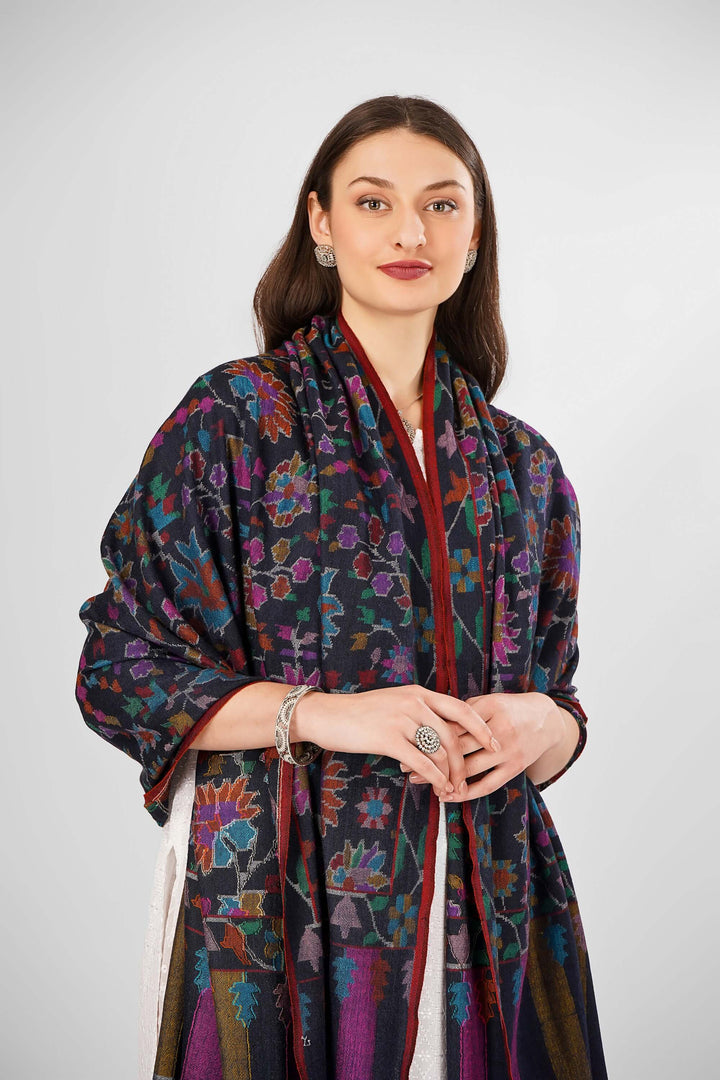 "Luxury Pashmina Kani Black Dahlia Shawl | Handwoven Authentic Pashmina Shawl | Premium Kani Shawl from Kashmir | Soft, Warm, and Elegant | Intricate Dahlia Floral Motifs | Timeless Craftsmanship and Luxury Pashmina Wool"