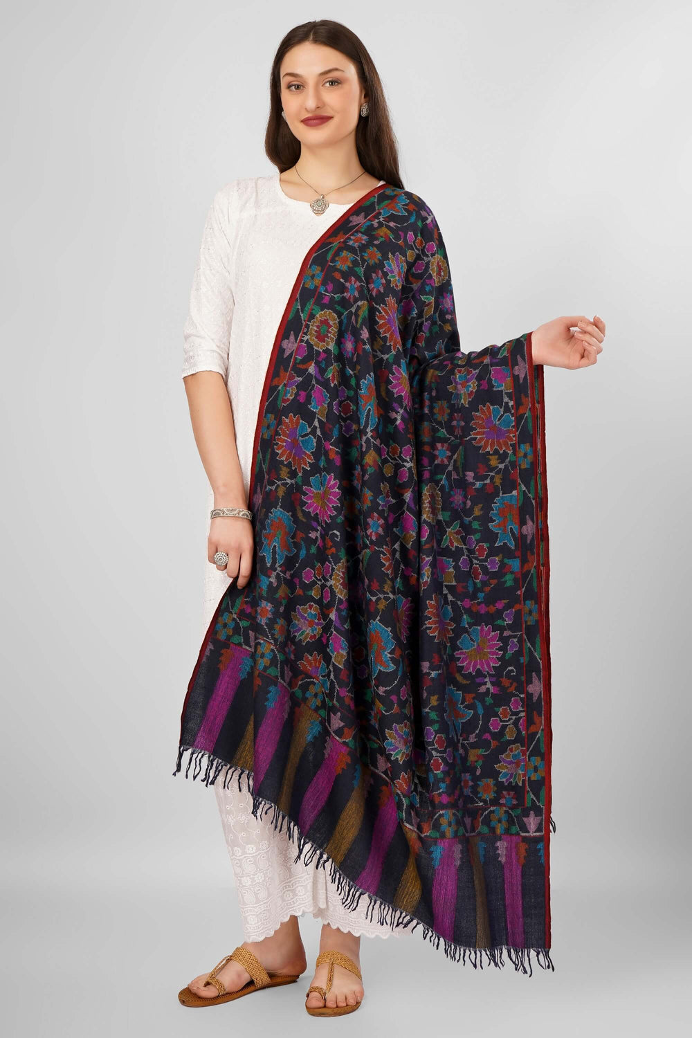 "Luxury Pashmina Kani Black Dahlia Shawl | Handwoven Authentic Pashmina Shawl | Premium Kani Shawl from Kashmir | Soft, Warm, and Elegant | Intricate Dahlia Floral Motifs | Timeless Craftsmanship and Luxury Pashmina Wool"