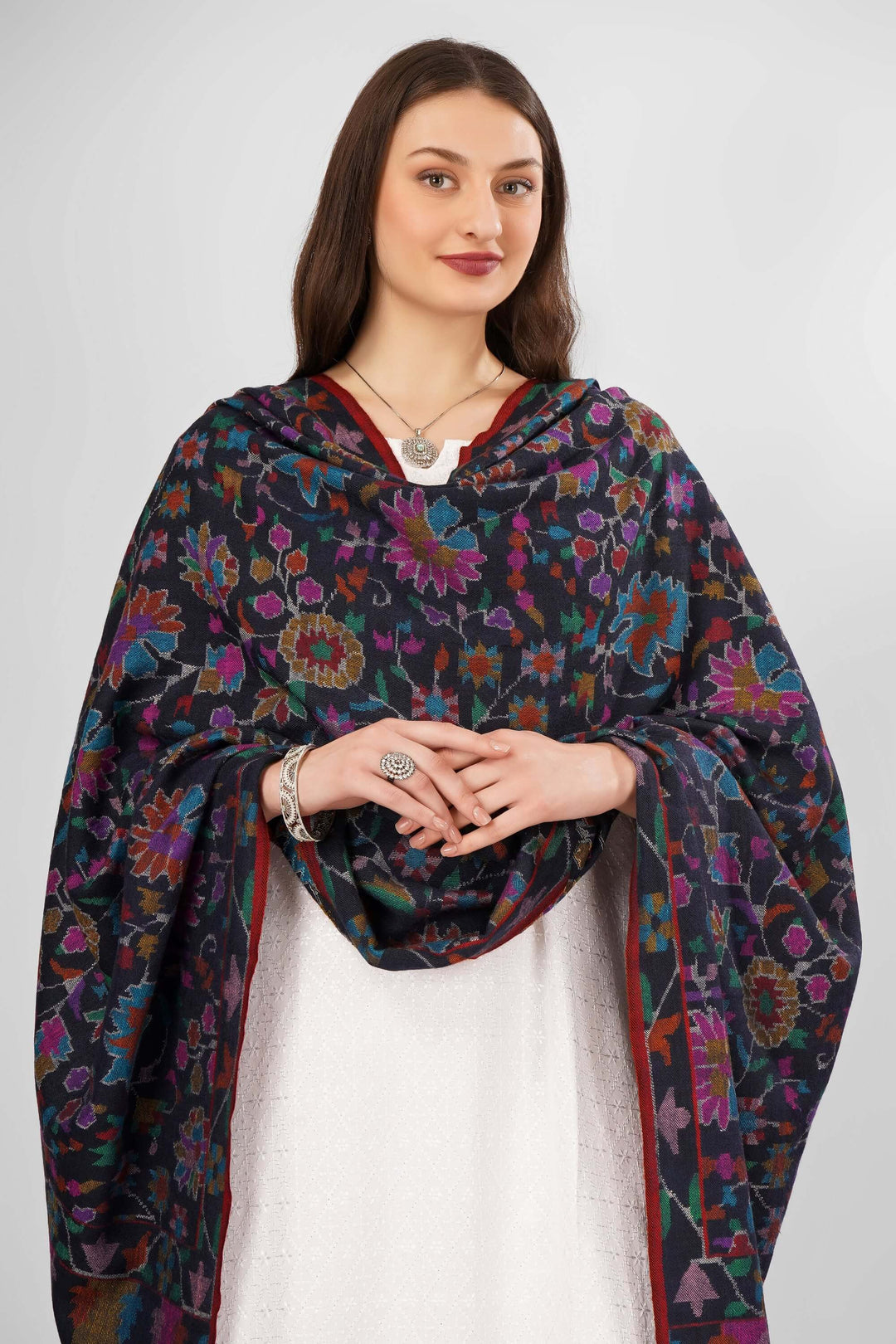 "Luxury Pashmina Kani Black Dahlia Shawl | Handwoven Authentic Pashmina Shawl | Premium Kani Shawl from Kashmir | Soft, Warm, and Elegant | Intricate Dahlia Floral Motifs | Timeless Craftsmanship and Luxury Pashmina Wool"