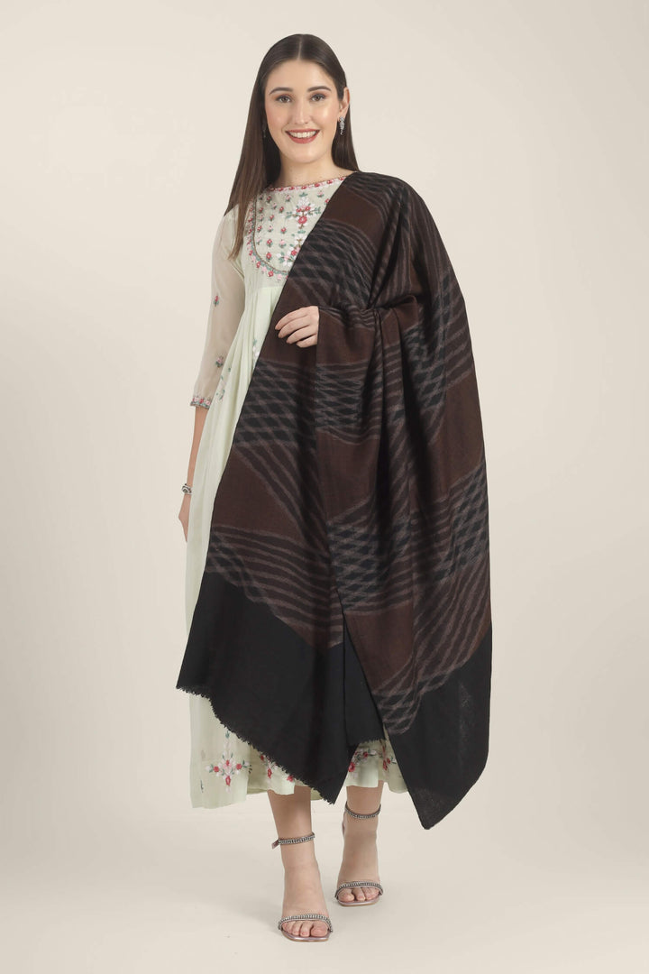 Model draped in a brown and black Pure Kashmiri Pashmina shawl with a woven wave pattern and wide plain black border over a pale green embroidered dress.
    
      | pashmina shawls online | authentic Kashmiri pashmina shawl online | pure pashmina shawl online | original GI certified pashmina shawl online | luxury men's pashmina shawl online from Kashmir | where to buy online pure pashmina in India
    
    | GI Tag Certified - Government-verified authentic Kashmiri Pashmina
    | G20 Official Partner - Selected by India for G20 Summit gifting
    | Handicraft Registered - Official recognition of traditional craftsmanship
    | Certificate of Authenticity - Every purchase includes GI certification
