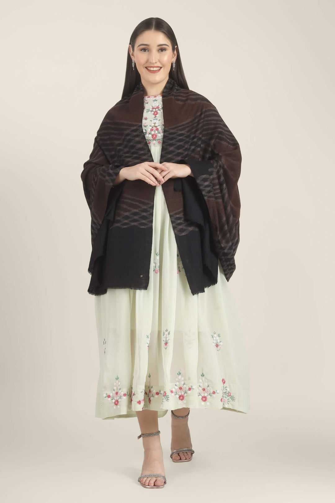Model draped in a brown and black Pure Kashmiri Pashmina shawl with a woven wave pattern and wide plain black border over a pale green embroidered dress.