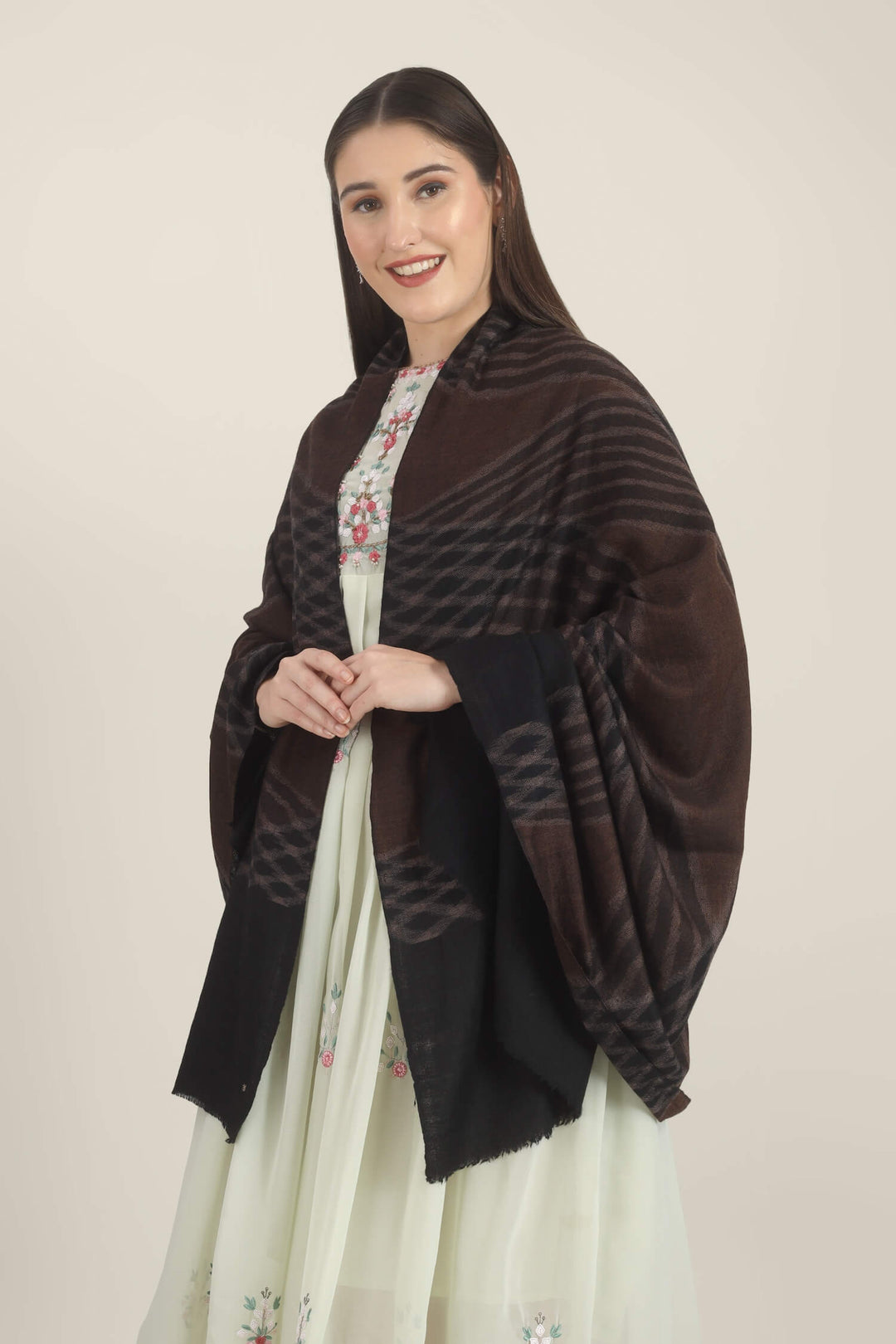 Model draped in a brown and black Pure Kashmiri Pashmina shawl with a woven wave pattern and wide plain black border over a pale green embroidered dress.