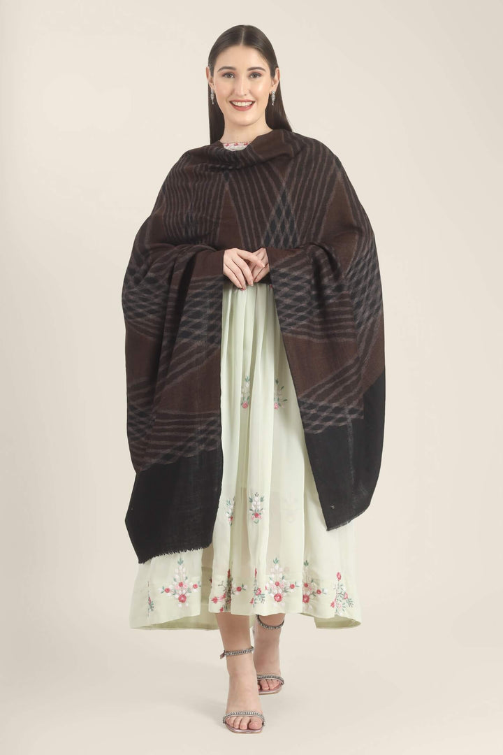 Model draped in a brown and black Pure Kashmiri Pashmina shawl with a woven wave pattern and wide plain black border over a pale green embroidered dress.
    
      | pashmina shawls online | authentic Kashmiri pashmina shawl online | pure pashmina shawl online | original GI certified pashmina shawl online | luxury men's pashmina shawl online from Kashmir | where to buy online pure pashmina in India
    
    | GI Tag Certified - Government-verified authentic Kashmiri Pashmina
    | G20 Official Partner - Selected by India for G20 Summit gifting
    | Handicraft Registered - Official recognition of traditional craftsmanship
    | Certificate of Authenticity - Every purchase includes GI certification