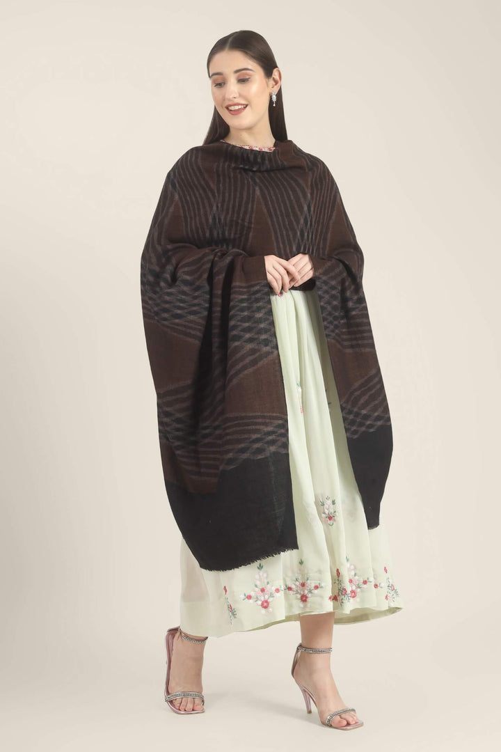 Model draped in a brown and black Pure Kashmiri Pashmina shawl with a woven wave pattern and wide plain black border over a pale green embroidered dress.
    
      | pashmina shawls online | authentic Kashmiri pashmina shawl online | pure pashmina shawl online | original GI certified pashmina shawl online | luxury men's pashmina shawl online from Kashmir | where to buy online pure pashmina in India
    
    | GI Tag Certified - Government-verified authentic Kashmiri Pashmina
    | G20 Official Partner - Selected by India for G20 Summit gifting
    | Handicraft Registered - Official recognition of traditional craftsmanship
    | Certificate of Authenticity - Every purchase includes GI certification