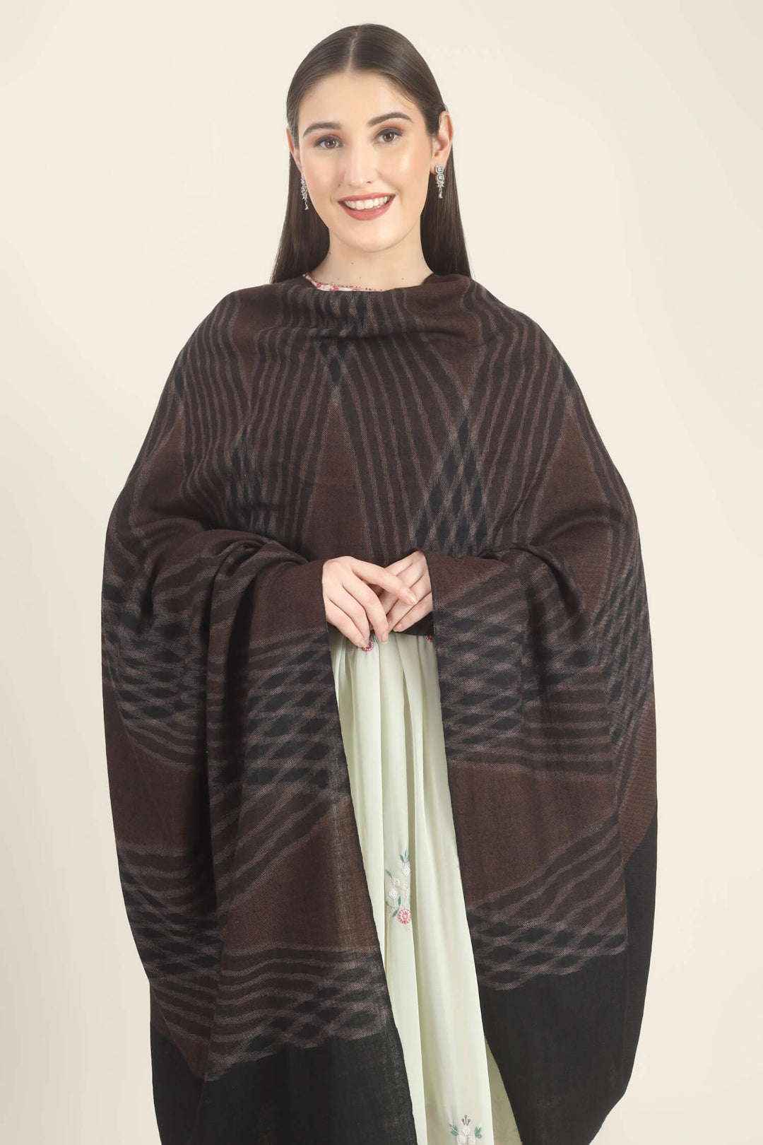 Model draped in a brown and black Pure Kashmiri Pashmina shawl with a woven wave pattern and wide plain black border over a pale green embroidered dress.