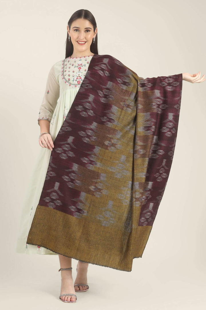 Model draped in a wine and mustard Pure Kashmiri Pashmina shawl with woven lilac-grey floral motifs over a pale green embroidered dress.
    
      | pashmina shawls online | authentic Kashmiri pashmina shawl online | pure pashmina shawl online | original GI certified pashmina shawl online | luxury men's pashmina shawl online from Kashmir | where to buy online pure pashmina in India
    
    | GI Tag Certified - Government-verified authentic Kashmiri Pashmina
    | G20 Official Partner - Selected by India for G20 Summit gifting
    | Handicraft Registered - Official recognition of traditional craftsmanship
    | Certificate of Authenticity - Every purchase includes GI certification
