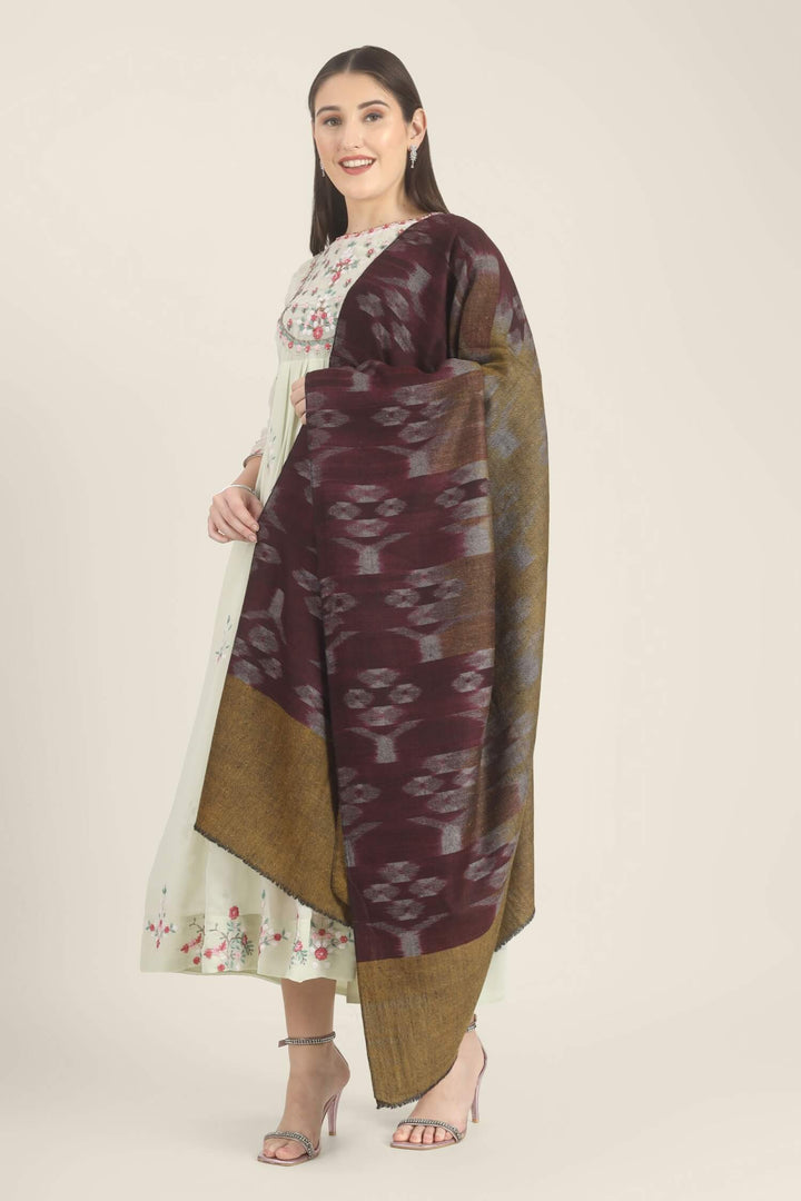 Model draped in a wine and mustard Pure Kashmiri Pashmina shawl with woven lilac-grey floral motifs over a pale green embroidered dress.
    
      | pashmina shawls online | authentic Kashmiri pashmina shawl online | pure pashmina shawl online | original GI certified pashmina shawl online | luxury men's pashmina shawl online from Kashmir | where to buy online pure pashmina in India
    
    | GI Tag Certified - Government-verified authentic Kashmiri Pashmina
    | G20 Official Partner - Selected by India for G20 Summit gifting
    | Handicraft Registered - Official recognition of traditional craftsmanship
    | Certificate of Authenticity - Every purchase includes GI certification