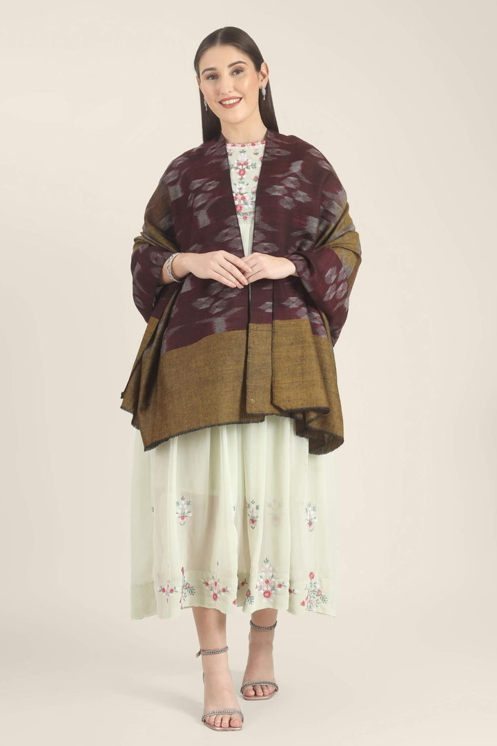 Model draped in a wine and mustard Pure Kashmiri Pashmina shawl with woven lilac-grey floral motifs over a pale green embroidered dress.
    
      | pashmina shawls online | authentic Kashmiri pashmina shawl online | pure pashmina shawl online | original GI certified pashmina shawl online | luxury men's pashmina shawl online from Kashmir | where to buy online pure pashmina in India
    
    | GI Tag Certified - Government-verified authentic Kashmiri Pashmina
    | G20 Official Partner - Selected by India for G20 Summit gifting
    | Handicraft Registered - Official recognition of traditional craftsmanship
    | Certificate of Authenticity - Every purchase includes GI certification