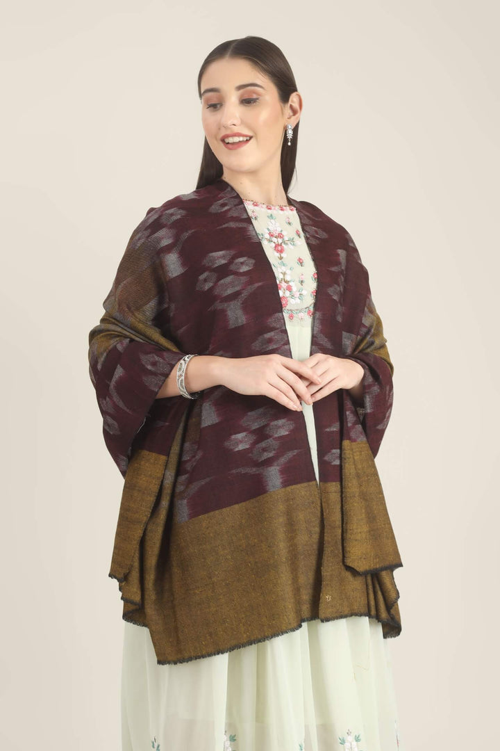 Model draped in a wine and mustard Pure Kashmiri Pashmina shawl with woven lilac-grey floral motifs over a pale green embroidered dress.
    
      | pashmina shawls online | authentic Kashmiri pashmina shawl online | pure pashmina shawl online | original GI certified pashmina shawl online | luxury men's pashmina shawl online from Kashmir | where to buy online pure pashmina in India
    
    | GI Tag Certified - Government-verified authentic Kashmiri Pashmina
    | G20 Official Partner - Selected by India for G20 Summit gifting
    | Handicraft Registered - Official recognition of traditional craftsmanship
    | Certificate of Authenticity - Every purchase includes GI certification