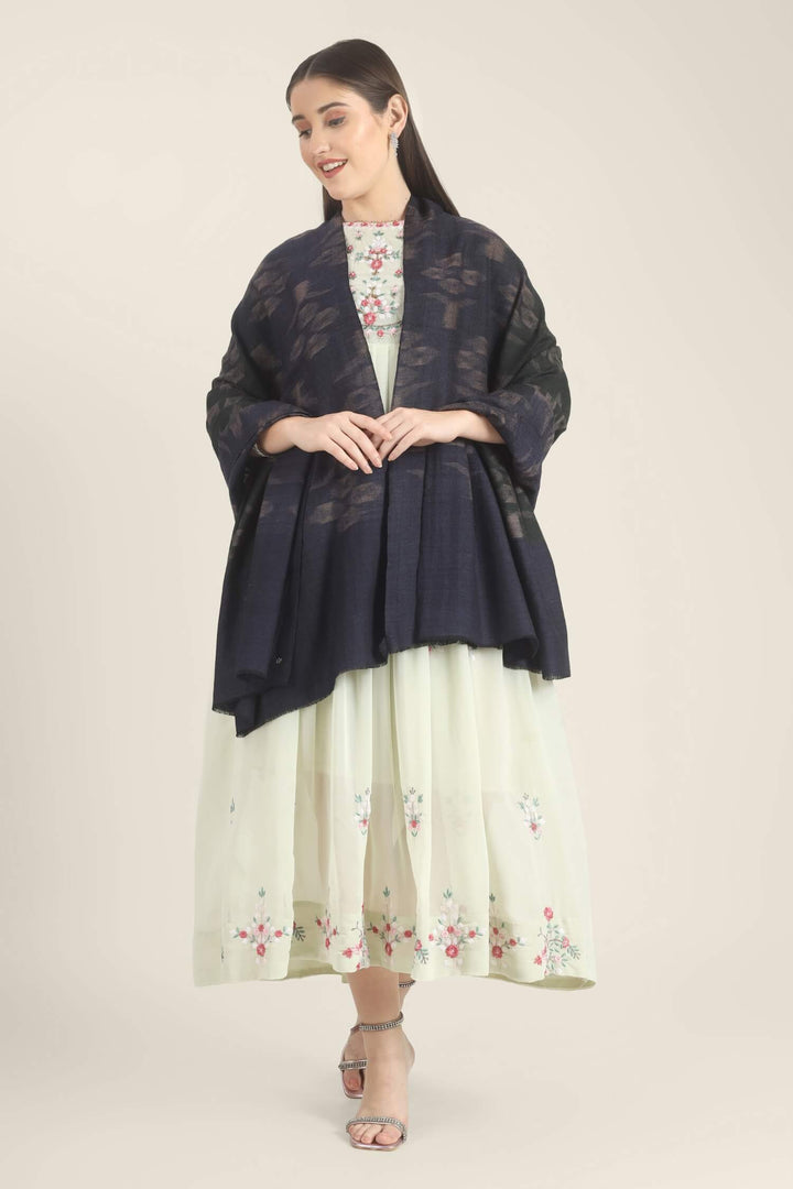 Model draped in a navy Pure Kashmiri Pashmina shawl with woven dusty mauve floral motifs over a pale green embroidered dress.
    
      | pashmina shawls online | authentic Kashmiri pashmina shawl online | pure pashmina shawl online | original GI certified pashmina shawl online | luxury men's pashmina shawl online from Kashmir | where to buy online pure pashmina in India
    
    | GI Tag Certified - Government-verified authentic Kashmiri Pashmina
    | G20 Official Partner - Selected by India for G20 Summit gifting
    | Handicraft Registered - Official recognition of traditional craftsmanship
    | Certificate of Authenticity - Every purchase includes GI certification
