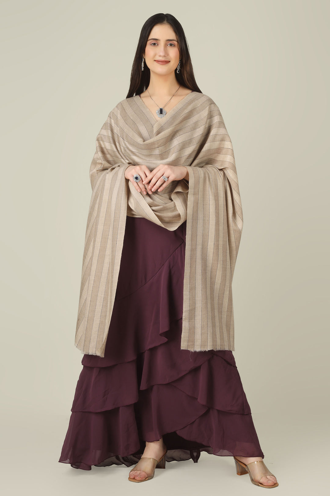 natural striped pashmina shawl online in India, this piece blends everyday versatility with quiet luxury from Kashmir.