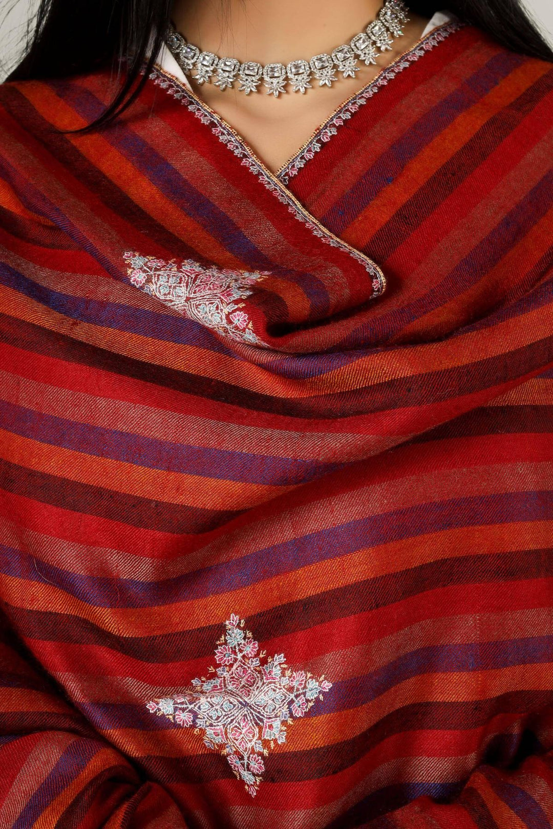 Perfect for admirers of luxury pashmina shawls across the USA, Canada, UK, Europe and the Middle East, this striped bootidaar GI pashmina shawl brings authentic Kashmiri craftsmanship to wardrobes worldwide