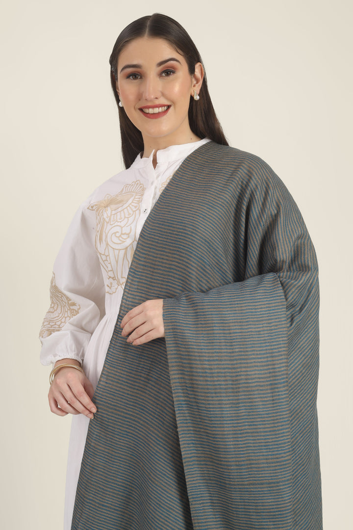 Model draped in a teal and taupe Pure Kashmiri Pashmina shawl with fine woven stripes and a wide plain teal border over a white embroidered dress.
    
      | pashmina shawls online | authentic Kashmiri pashmina shawl online | pure pashmina shawl online | original GI certified pashmina shawl online | luxury men's pashmina shawl online from Kashmir | where to buy online pure pashmina in India
    
    | GI Tag Certified - Government-verified authentic Kashmiri Pashmina
    | G20 Official Partner - Selected by India for G20 Summit gifting
    | Handicraft Registered - Official recognition of traditional craftsmanship
    | Certificate of Authenticity - Every purchase includes GI certification
