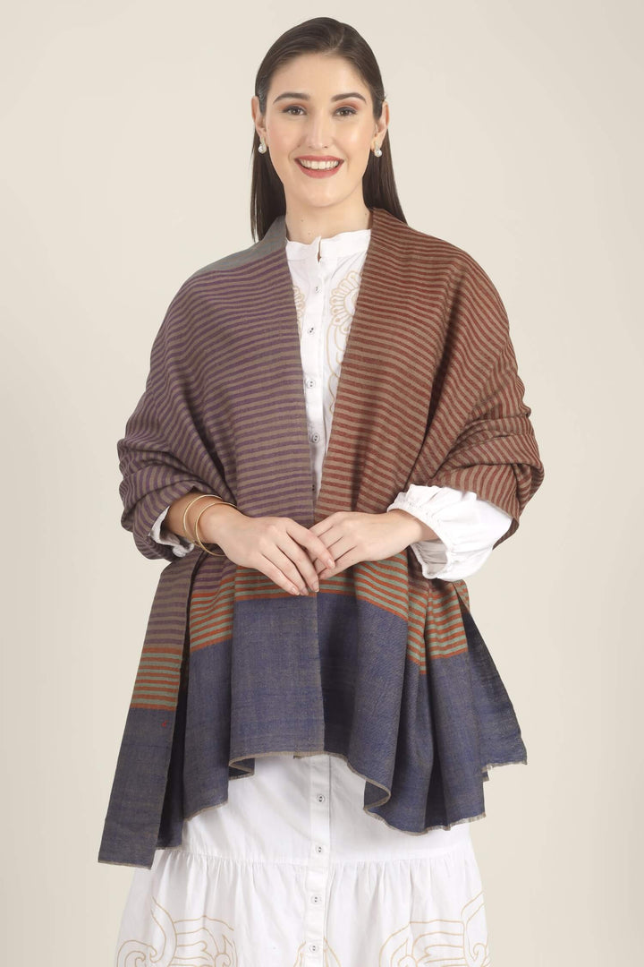 Model draped in a multicolour Pure Kashmiri Pashmina shawl with woven grey-green, plum, brown and rust stripes and a wide plain navy border over a white embroidered dress.
    
      | pashmina shawls online | authentic Kashmiri pashmina shawl online | pure pashmina shawl online | original GI certified pashmina shawl online | luxury men's pashmina shawl online from Kashmir | where to buy online pure pashmina in India
    
    | GI Tag Certified - Government-verified authentic Kashmiri Pashmina
    | G20 Official Partner - Selected by India for G20 Summit gifting
    | Handicraft Registered - Official recognition of traditional craftsmanship
    | Certificate of Authenticity - Every purchase includes GI certification