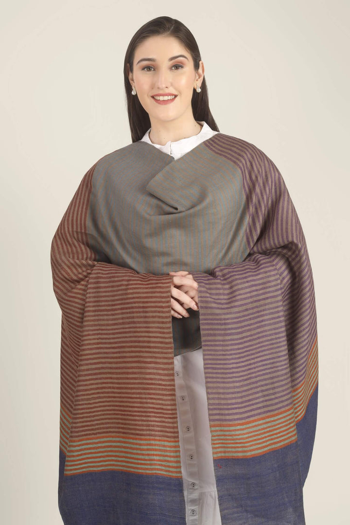 Model draped in a multicolour Pure Kashmiri Pashmina shawl with woven grey-green, plum, brown and rust stripes and a wide plain navy border over a white embroidered dress.
    
      | pashmina shawls online | authentic Kashmiri pashmina shawl online | pure pashmina shawl online | original GI certified pashmina shawl online | luxury men's pashmina shawl online from Kashmir | where to buy online pure pashmina in India
    
    | GI Tag Certified - Government-verified authentic Kashmiri Pashmina
    | G20 Official Partner - Selected by India for G20 Summit gifting
    | Handicraft Registered - Official recognition of traditional craftsmanship
    | Certificate of Authenticity - Every purchase includes GI certification