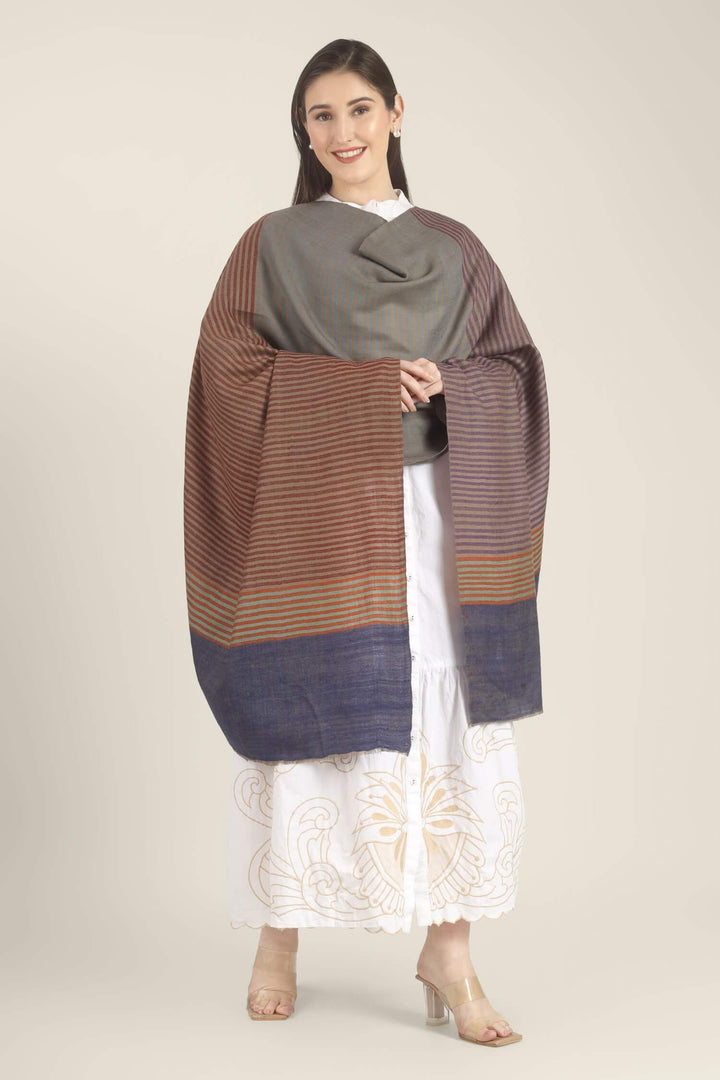 Model draped in a multicolour Pure Kashmiri Pashmina shawl with woven grey-green, plum, brown and rust stripes and a wide plain navy border over a white embroidered dress.
    
      | pashmina shawls online | authentic Kashmiri pashmina shawl online | pure pashmina shawl online | original GI certified pashmina shawl online | luxury men's pashmina shawl online from Kashmir | where to buy online pure pashmina in India
    
    | GI Tag Certified - Government-verified authentic Kashmiri Pashmina
    | G20 Official Partner - Selected by India for G20 Summit gifting
    | Handicraft Registered - Official recognition of traditional craftsmanship
    | Certificate of Authenticity - Every purchase includes GI certification