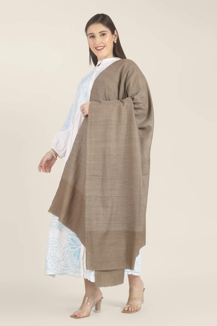 Model draped in a taupe Pure Kashmiri Pashmina shawl with fine woven pinstripes and a wide plain border over a white dress with light blue embroidery.
    
      | pashmina shawls online | authentic Kashmiri pashmina shawl online | pure pashmina shawl online | original GI certified pashmina shawl online | luxury men's pashmina shawl online from Kashmir | where to buy online pure pashmina in India
    
    | GI Tag Certified - Government-verified authentic Kashmiri Pashmina
    | G20 Official Partner - Selected by India for G20 Summit gifting
    | Handicraft Registered - Official recognition of traditional craftsmanship
    | Certificate of Authenticity - Every purchase includes GI certification