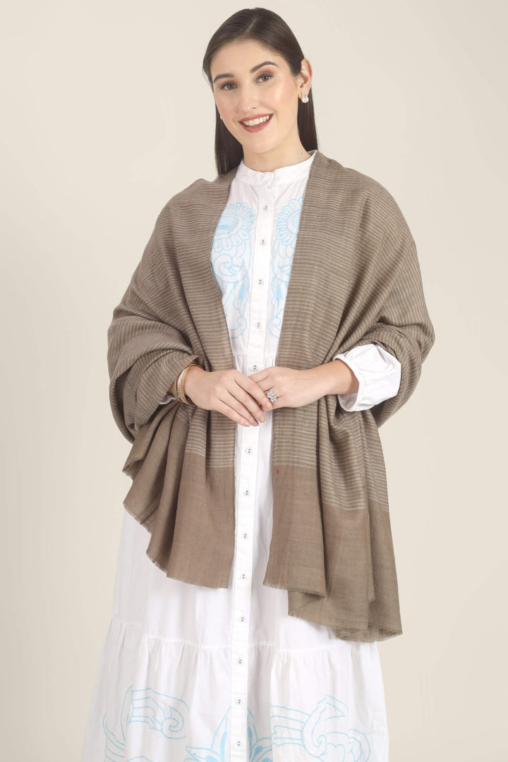 Model draped in a taupe Pure Kashmiri Pashmina shawl with fine woven pinstripes and a wide plain border over a white dress with light blue embroidery.
    
      | pashmina shawls online | authentic Kashmiri pashmina shawl online | pure pashmina shawl online | original GI certified pashmina shawl online | luxury men's pashmina shawl online from Kashmir | where to buy online pure pashmina in India
    
    | GI Tag Certified - Government-verified authentic Kashmiri Pashmina
    | G20 Official Partner - Selected by India for G20 Summit gifting
    | Handicraft Registered - Official recognition of traditional craftsmanship
    | Certificate of Authenticity - Every purchase includes GI certification