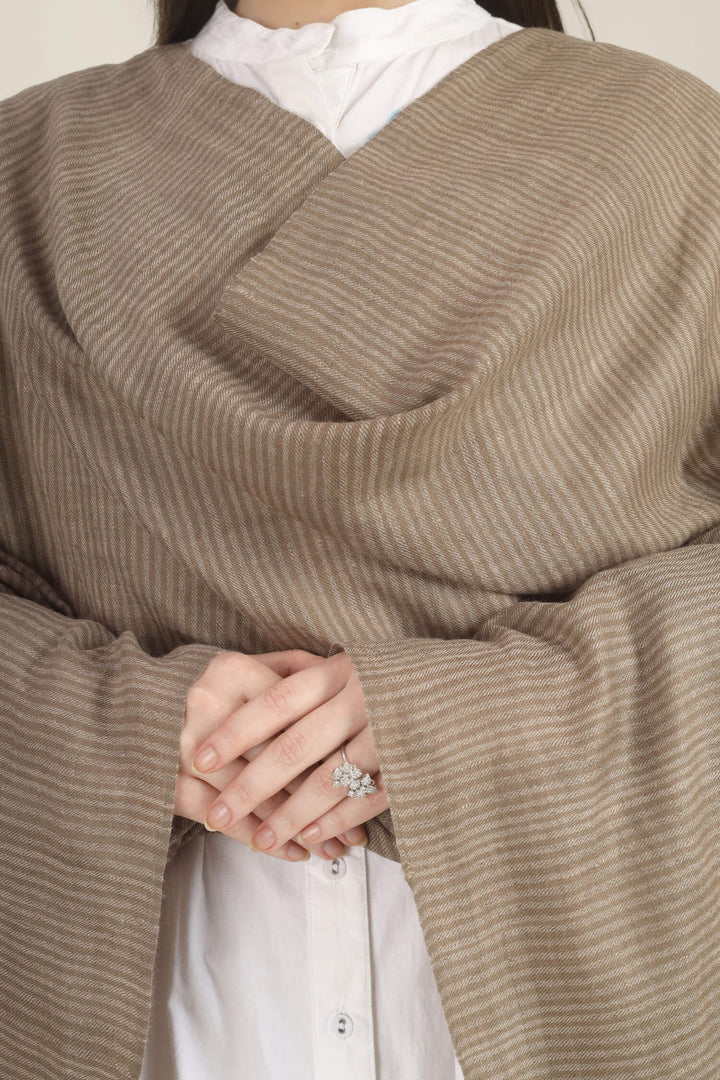 Model draped in a taupe Pure Kashmiri Pashmina shawl with fine woven pinstripes and a wide plain border over a white dress with light blue embroidery.
    
      | pashmina shawls online | authentic Kashmiri pashmina shawl online | pure pashmina shawl online | original GI certified pashmina shawl online | luxury men's pashmina shawl online from Kashmir | where to buy online pure pashmina in India
    
    | GI Tag Certified - Government-verified authentic Kashmiri Pashmina
    | G20 Official Partner - Selected by India for G20 Summit gifting
    | Handicraft Registered - Official recognition of traditional craftsmanship
    | Certificate of Authenticity - Every purchase includes GI certification