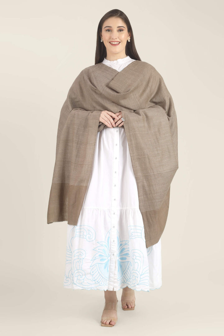 Model draped in a taupe Pure Kashmiri Pashmina shawl with fine woven pinstripes and a wide plain border over a white dress with light blue embroidery.
    
      | pashmina shawls online | authentic Kashmiri pashmina shawl online | pure pashmina shawl online | original GI certified pashmina shawl online | luxury men's pashmina shawl online from Kashmir | where to buy online pure pashmina in India
    
    | GI Tag Certified - Government-verified authentic Kashmiri Pashmina
    | G20 Official Partner - Selected by India for G20 Summit gifting
    | Handicraft Registered - Official recognition of traditional craftsmanship
    | Certificate of Authenticity - Every purchase includes GI certification