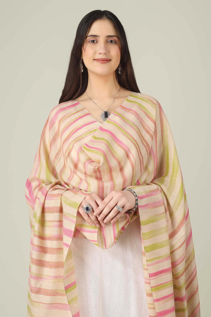 This pure pashmina shawl features a natural beige base scattered with fine horizontal stripes in blush pink, peach, and soft lime
    
      | pashmina shawls online | authentic Kashmiri pashmina shawl online | pure pashmina shawl online | original GI certified pashmina shawl online | luxury men's pashmina shawl online from Kashmir | where to buy online pure pashmina in India
    
    | GI Tag Certified - Government-verified authentic Kashmiri Pashmina
    | G20 Official Partner - Selected by India for G20 Summit gifting
    | Handicraft Registered - Official recognition of traditional craftsmanship
    | Certificate of Authenticity - Every purchase includes GI certification