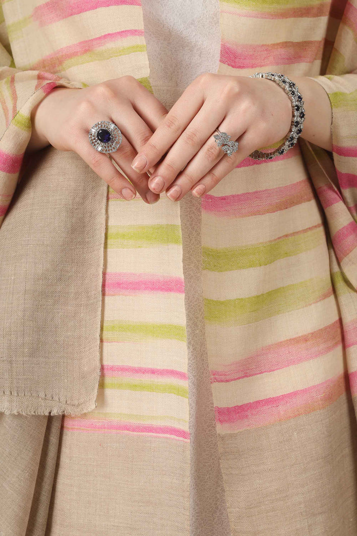 This pure pashmina shawl features a natural beige base scattered with fine horizontal stripes in blush pink, peach, and soft lime
    
      | pashmina shawls online | authentic Kashmiri pashmina shawl online | pure pashmina shawl online | original GI certified pashmina shawl online | luxury men's pashmina shawl online from Kashmir | where to buy online pure pashmina in India
    
    | GI Tag Certified - Government-verified authentic Kashmiri Pashmina
    | G20 Official Partner - Selected by India for G20 Summit gifting
    | Handicraft Registered - Official recognition of traditional craftsmanship
    | Certificate of Authenticity - Every purchase includes GI certification