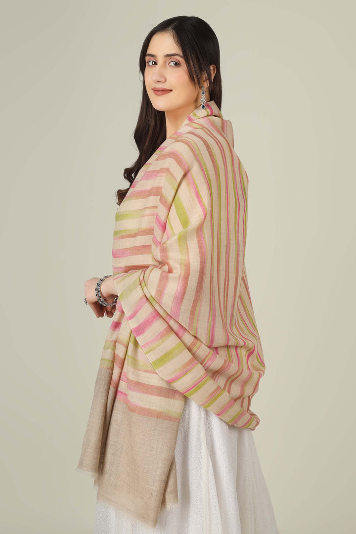 This pure pashmina shawl features a natural beige base scattered with fine horizontal stripes in blush pink, peach, and soft lime
    
      | pashmina shawls online | authentic Kashmiri pashmina shawl online | pure pashmina shawl online | original GI certified pashmina shawl online | luxury men's pashmina shawl online from Kashmir | where to buy online pure pashmina in India
    
    | GI Tag Certified - Government-verified authentic Kashmiri Pashmina
    | G20 Official Partner - Selected by India for G20 Summit gifting
    | Handicraft Registered - Official recognition of traditional craftsmanship
    | Certificate of Authenticity - Every purchase includes GI certification