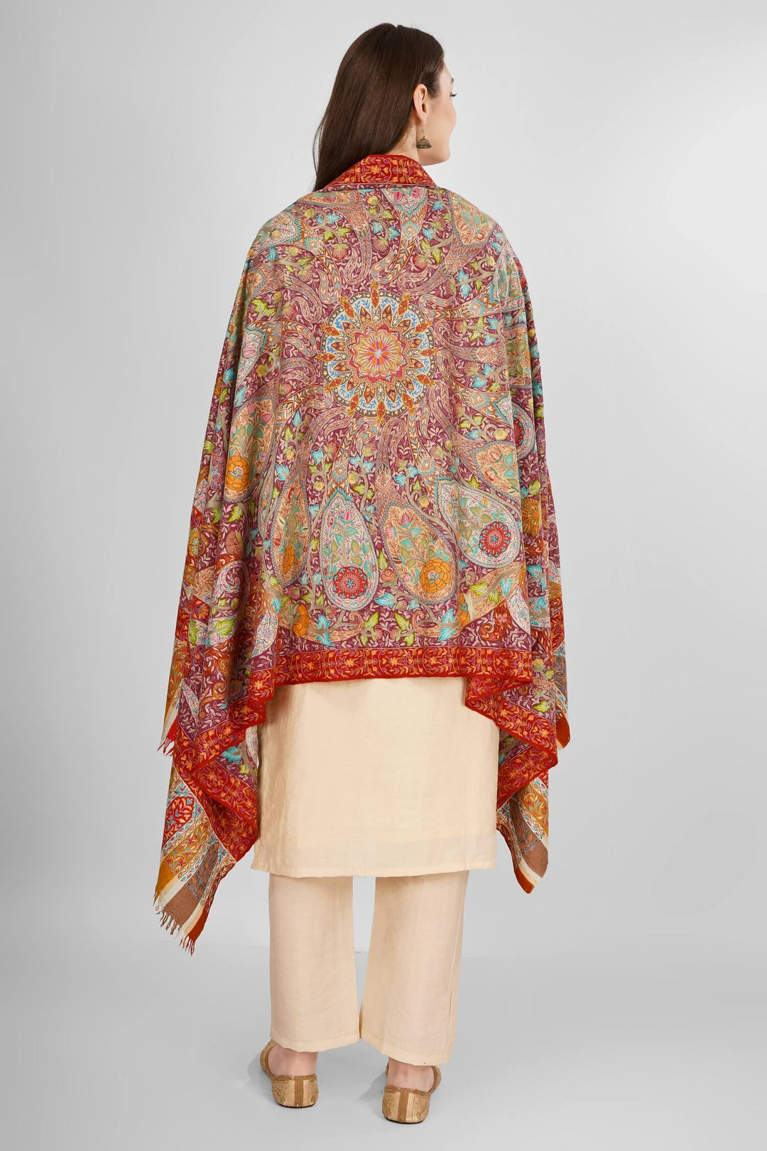 "Pashmina Kalamkari Noorjahan Shawl | Authentic Kashmiri Pashmina Wool Wrap | Intricate Hand-Painted Kalamkari Art | Luxurious, Soft, and Warm Shawl | Elegant Design for Timeless Style | Perfect for All Seasons and Occasions"