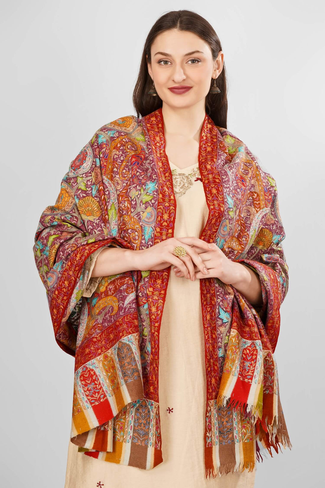 "Pashmina Kalamkari Noorjahan Shawl | Authentic Kashmiri Pashmina Wool Wrap | Intricate Hand-Painted Kalamkari Art | Luxurious, Soft, and Warm Shawl | Elegant Design for Timeless Style | Perfect for All Seasons and Occasions"