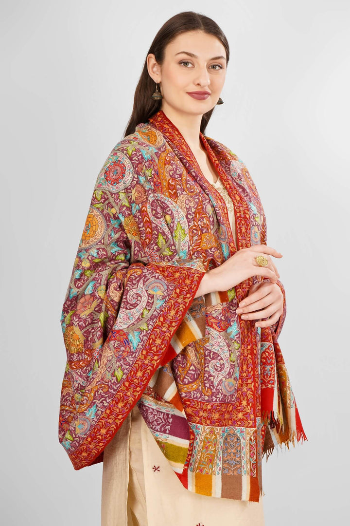 "Pashmina Kalamkari Noorjahan Shawl | Authentic Kashmiri Pashmina Wool Wrap | Intricate Hand-Painted Kalamkari Art | Luxurious, Soft, and Warm Shawl | Elegant Design for Timeless Style | Perfect for All Seasons and Occasions"