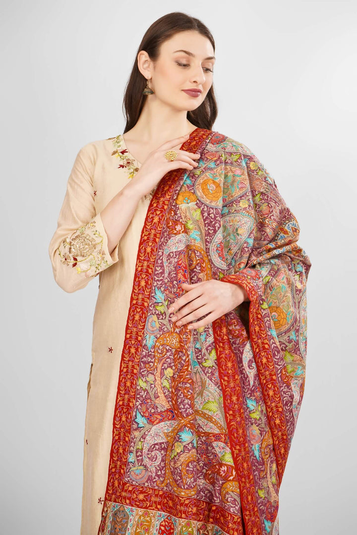 "Pashmina Kalamkari Noorjahan Shawl | Authentic Kashmiri Pashmina Wool Wrap | Intricate Hand-Painted Kalamkari Art | Luxurious, Soft, and Warm Shawl | Elegant Design for Timeless Style | Perfect for All Seasons and Occasions"