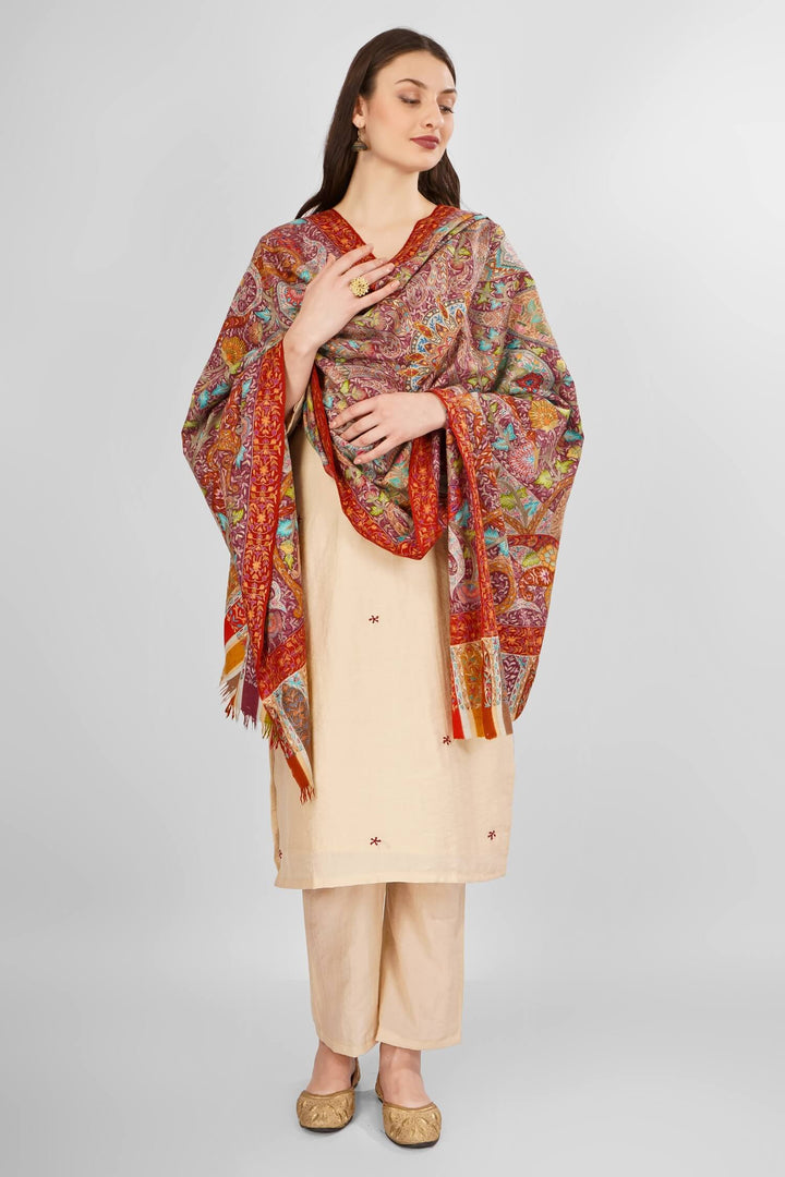 "Pashmina Kalamkari Noorjahan Shawl | Authentic Kashmiri Pashmina Wool Wrap | Intricate Hand-Painted Kalamkari Art | Luxurious, Soft, and Warm Shawl | Elegant Design for Timeless Style | Perfect for All Seasons and Occasions"