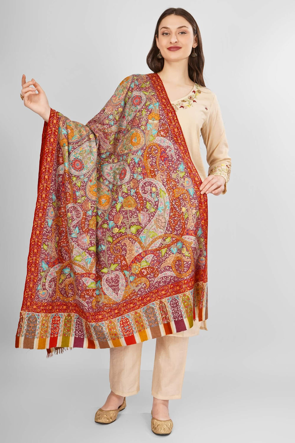 "Pashmina Kalamkari Noorjahan Shawl | Authentic Kashmiri Pashmina Wool Wrap | Intricate Hand-Painted Kalamkari Art | Luxurious, Soft, and Warm Shawl | Elegant Design for Timeless Style | Perfect for All Seasons and Occasions"