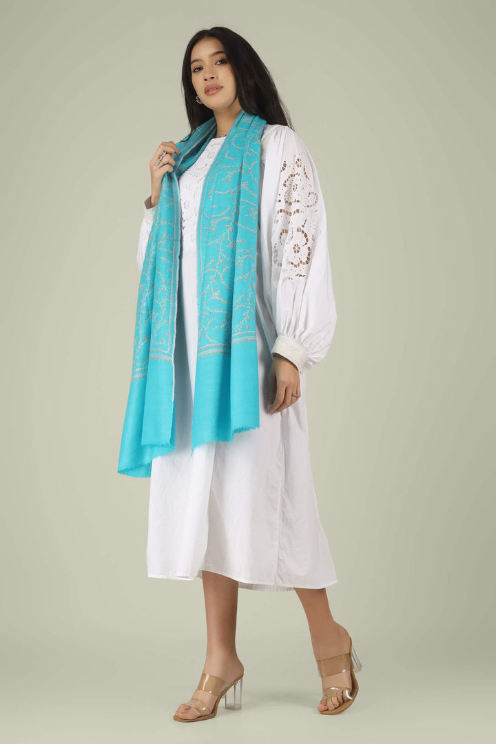 Pashmina Teal Blue Naziha Jaldaar Sozn Stole
    
      | pashmina shawls online | authentic Kashmiri pashmina shawl online | pure pashmina shawl online | original GI certified pashmina shawl online | luxury men's pashmina shawl online from Kashmir | where to buy online pure pashmina in India
    
    | GI Tag Certified - Government-verified authentic Kashmiri Pashmina
    | G20 Official Partner - Selected by India for G20 Summit gifting
    | Handicraft Registered - Official recognition of traditional craftsmanship
    | Certificate of Authenticity - Every purchase includes GI certification