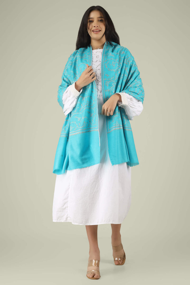 Pashmina Teal Blue Naziha Jaldaar Sozn Stole
    
      | pashmina shawls online | authentic Kashmiri pashmina shawl online | pure pashmina shawl online | original GI certified pashmina shawl online | luxury men's pashmina shawl online from Kashmir | where to buy online pure pashmina in India
    
    | GI Tag Certified - Government-verified authentic Kashmiri Pashmina
    | G20 Official Partner - Selected by India for G20 Summit gifting
    | Handicraft Registered - Official recognition of traditional craftsmanship
    | Certificate of Authenticity - Every purchase includes GI certification