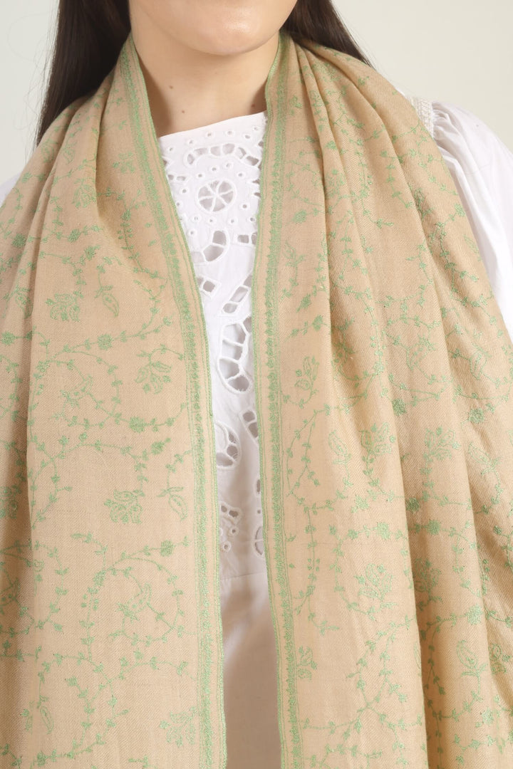 Model wearing a beige GI Kashmiri Pure Pashmina stole with soft green floral jaal Sozni embroidery over a white outfit.
    
      | pashmina shawls online | authentic Kashmiri pashmina shawl online | pure pashmina shawl online | original GI certified pashmina shawl online | luxury men's pashmina shawl online from Kashmir | where to buy online pure pashmina in India
    
    | GI Tag Certified - Government-verified authentic Kashmiri Pashmina
    | G20 Official Partner - Selected by India for G20 Summit gifting
    | Handicraft Registered - Official recognition of traditional craftsmanship
    | Certificate of Authenticity - Every purchase includes GI certification