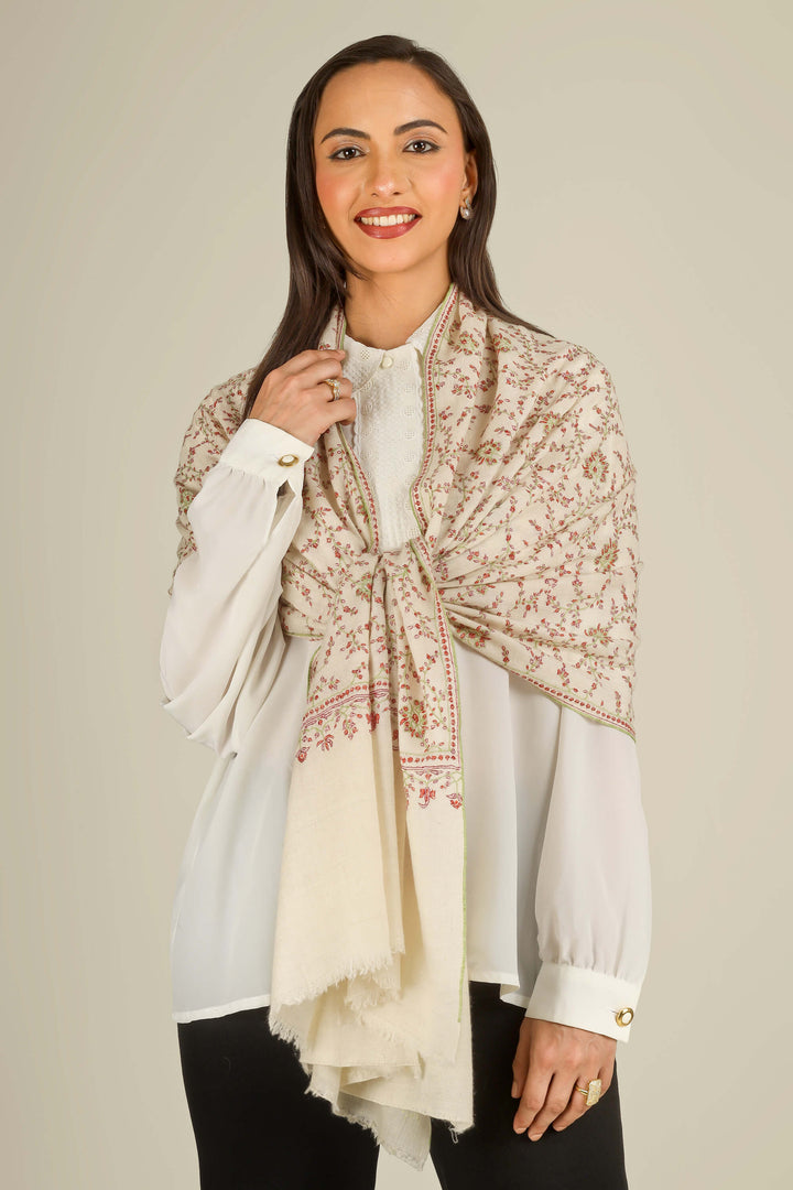 GI cream Kashmiri pure pashmina embroidered stole by Kepra, worn over white shirt and black trousers on smiling model, front view
    
      | pashmina shawls online | authentic Kashmiri pashmina shawl online | pure pashmina shawl online | original GI certified pashmina shawl online | luxury men's pashmina shawl online from Kashmir | where to buy online pure pashmina in India
    
    | GI Tag Certified - Government-verified authentic Kashmiri Pashmina
    | G20 Official Partner - Selected by India for G20 Summit gifting
    | Handicraft Registered - Official recognition of traditional craftsmanship
    | Certificate of Authenticity - Every purchase includes GI certification
