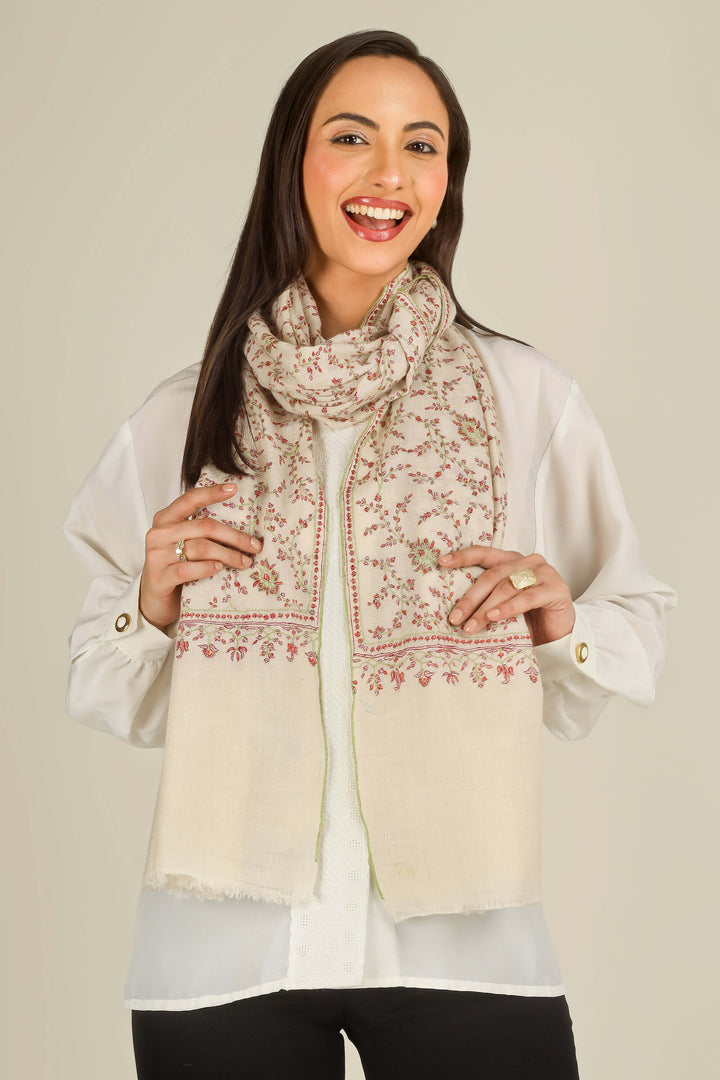 GI cream Kashmiri pure pashmina embroidered stole by Kepra, worn over white shirt and black trousers on smiling model, front view
    
      | pashmina shawls online | authentic Kashmiri pashmina shawl online | pure pashmina shawl online | original GI certified pashmina shawl online | luxury men's pashmina shawl online from Kashmir | where to buy online pure pashmina in India
    
    | GI Tag Certified - Government-verified authentic Kashmiri Pashmina
    | G20 Official Partner - Selected by India for G20 Summit gifting
    | Handicraft Registered - Official recognition of traditional craftsmanship
    | Certificate of Authenticity - Every purchase includes GI certification
