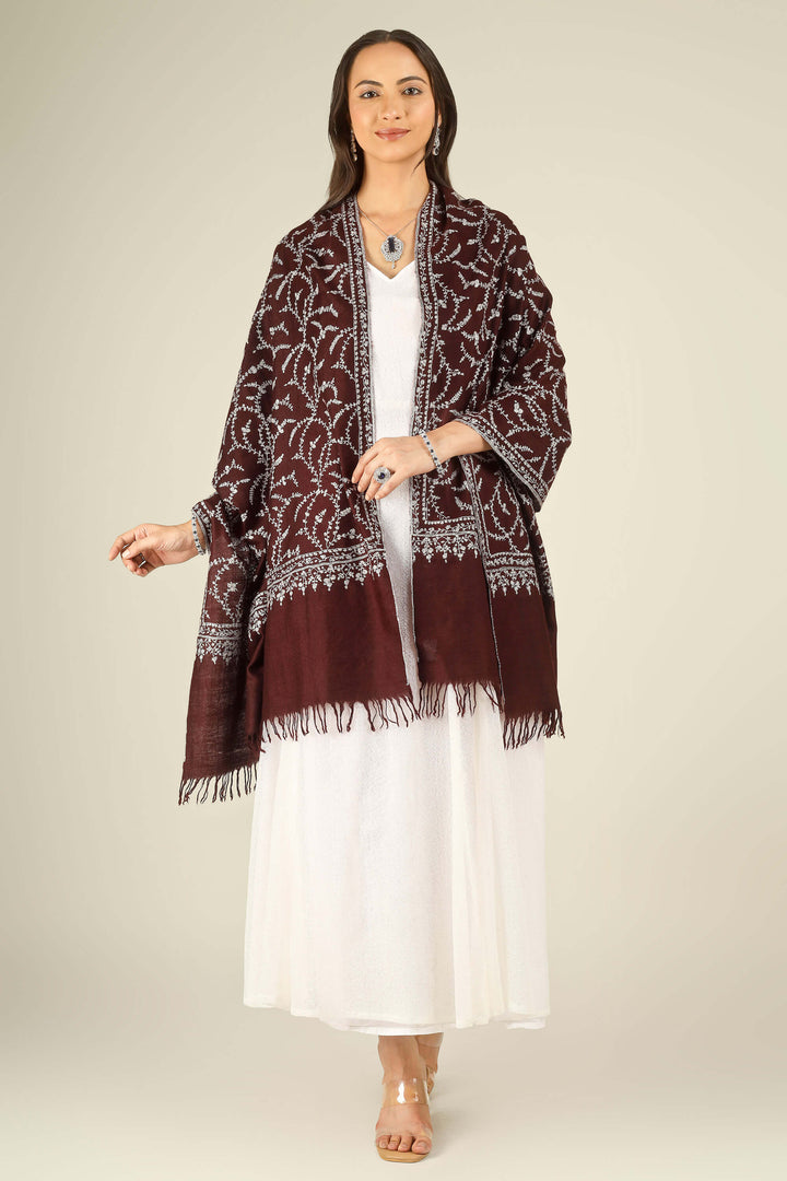 GI maroon Kashmiri pure pashmina embroidered stole by Kepra, draped on smiling model in white dress, front view for Kolkata winter styling
    
      | pashmina shawls online | authentic Kashmiri pashmina shawl online | pure pashmina shawl online | original GI certified pashmina shawl online | luxury men's pashmina shawl online from Kashmir | where to buy online pure pashmina in India
    
    | GI Tag Certified - Government-verified authentic Kashmiri Pashmina
    | G20 Official Partner - Selected by India for G20 Summit gifting
    | Handicraft Registered - Official recognition of traditional craftsmanship
    | Certificate of Authenticity - Every purchase includes GI certification