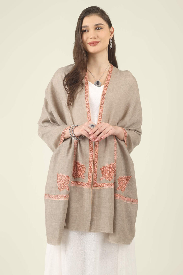 This Beige Pure Kashmiri Pashmina Paisley Embroidered Stole features a soft natural beige body decorated with richly worked paisley motifs and framed borders in rust, coral and pink.
    
      | pashmina shawls online | authentic Kashmiri pashmina shawl online | pure pashmina shawl online | original GI certified pashmina shawl online | luxury men's pashmina shawl online from Kashmir | where to buy online pure pashmina in India
    
    | GI Tag Certified - Government-verified authentic Kashmiri Pashmina
    | G20 Official Partner - Selected by India for G20 Summit gifting
    | Handicraft Registered - Official recognition of traditional craftsmanship
    | Certificate of Authenticity - Every purchase includes GI certification