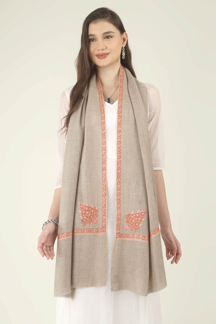 This Beige Pure Kashmiri Pashmina Paisley Embroidered Stole features a soft natural beige body decorated with richly worked paisley motifs and framed borders in rust, coral and pink.
    
      | pashmina shawls online | authentic Kashmiri pashmina shawl online | pure pashmina shawl online | original GI certified pashmina shawl online | luxury men's pashmina shawl online from Kashmir | where to buy online pure pashmina in India
    
    | GI Tag Certified - Government-verified authentic Kashmiri Pashmina
    | G20 Official Partner - Selected by India for G20 Summit gifting
    | Handicraft Registered - Official recognition of traditional craftsmanship
    | Certificate of Authenticity - Every purchase includes GI certification