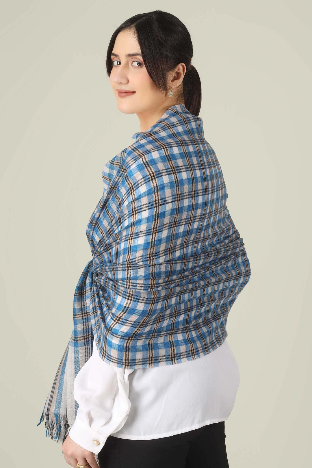 Blue Check Fawzia Pure Pashmina Stole