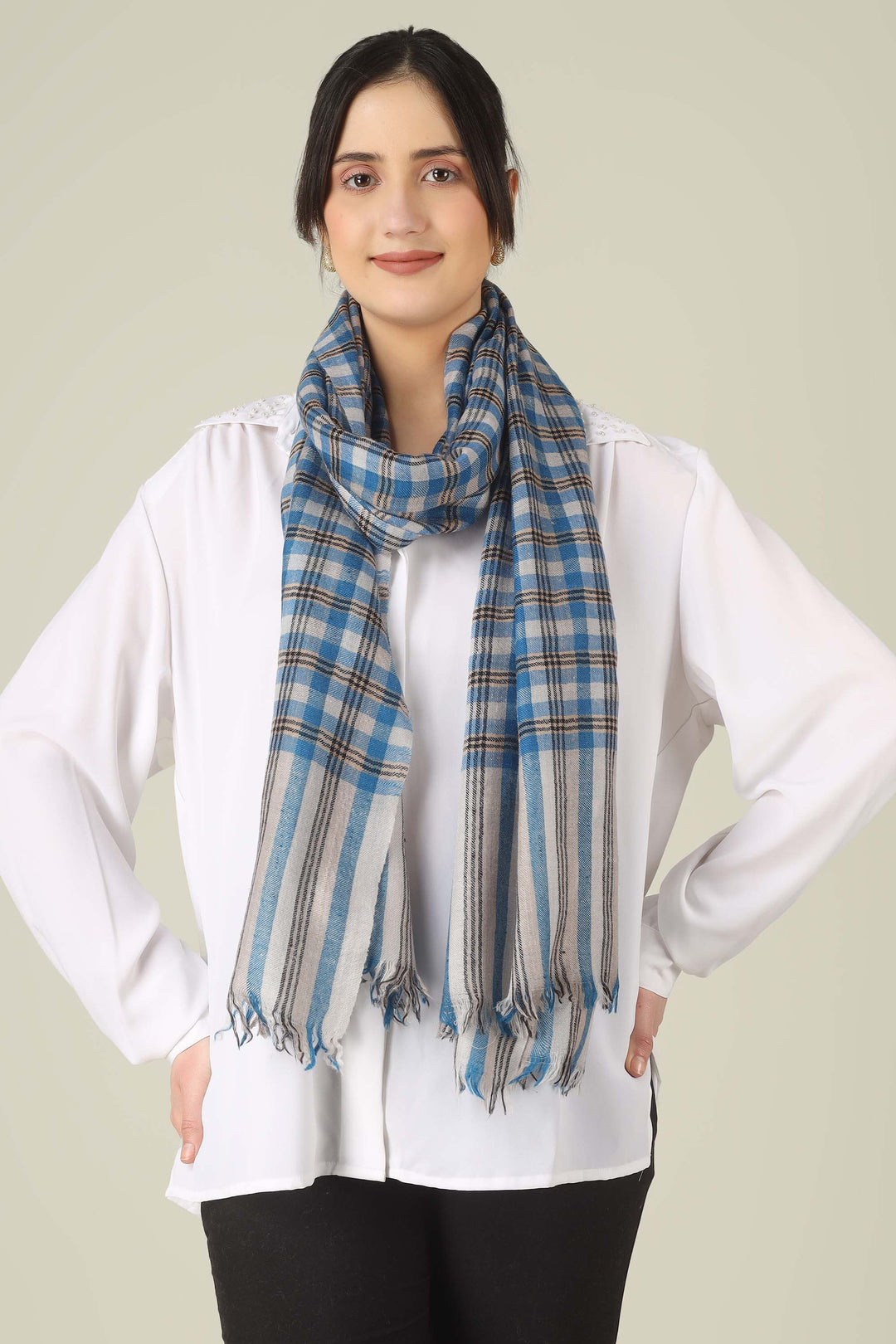 Blue Check Fawzia Pure Pashmina Stole